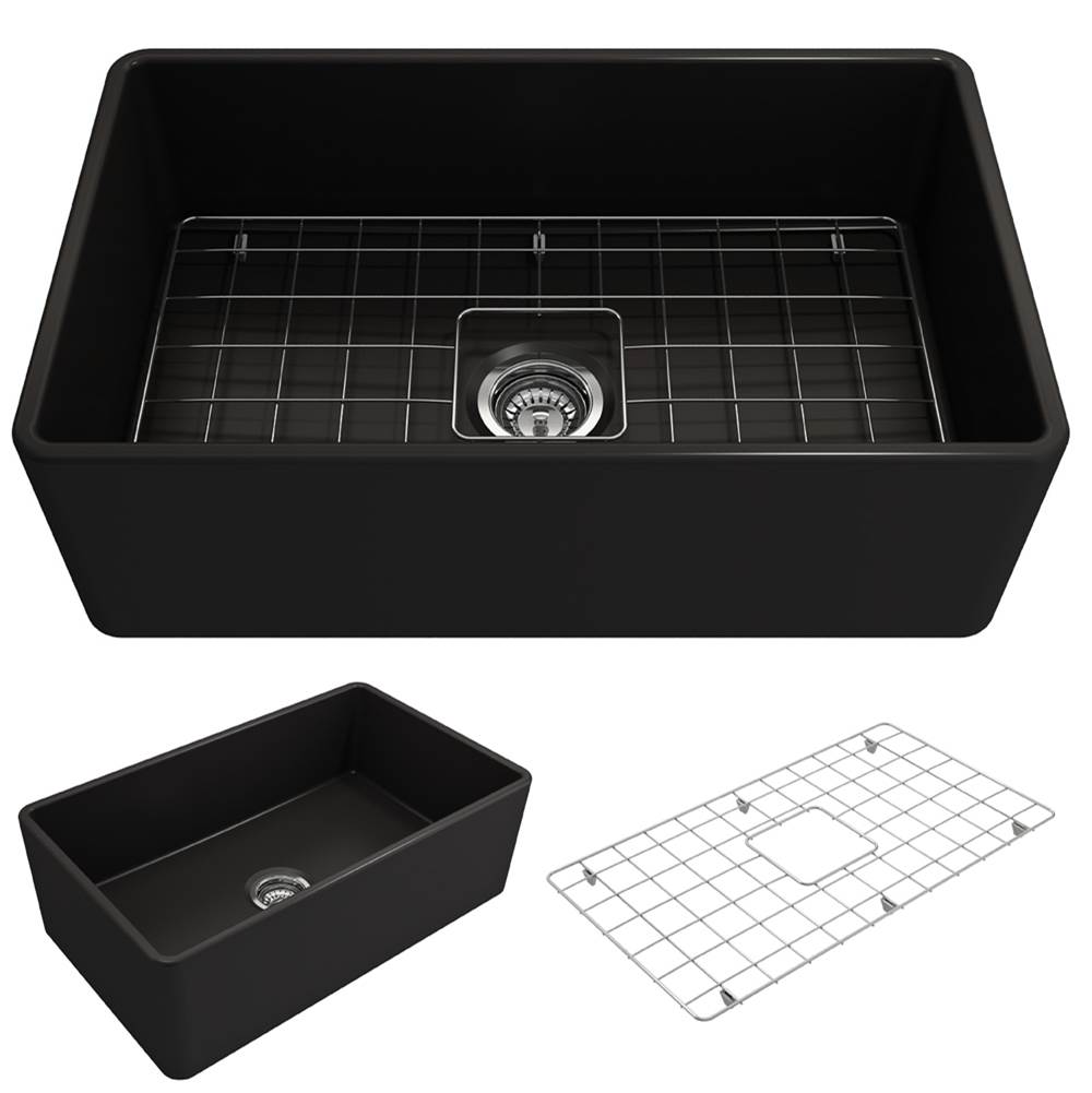 BOCCHI Classico Farmhouse Apron Front Fireclay 30 in. Single Bowl Kitchen Sink with Protective Bottom Grid and Strainer in Matte Black
