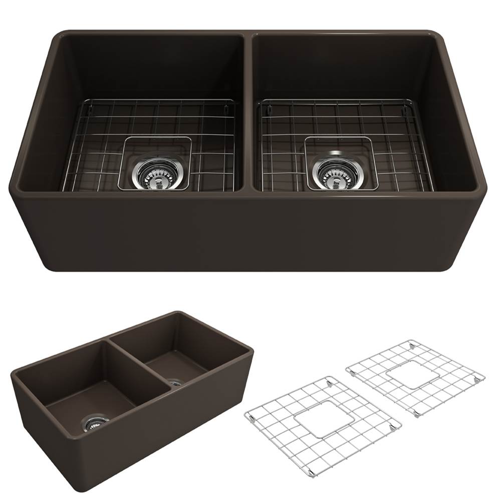 BOCCHI Classico Farmhouse Apron Front Fireclay 33 in. Double Bowl Kitchen Sink with Protective Bottom Grids and Strainers in Matte Brown