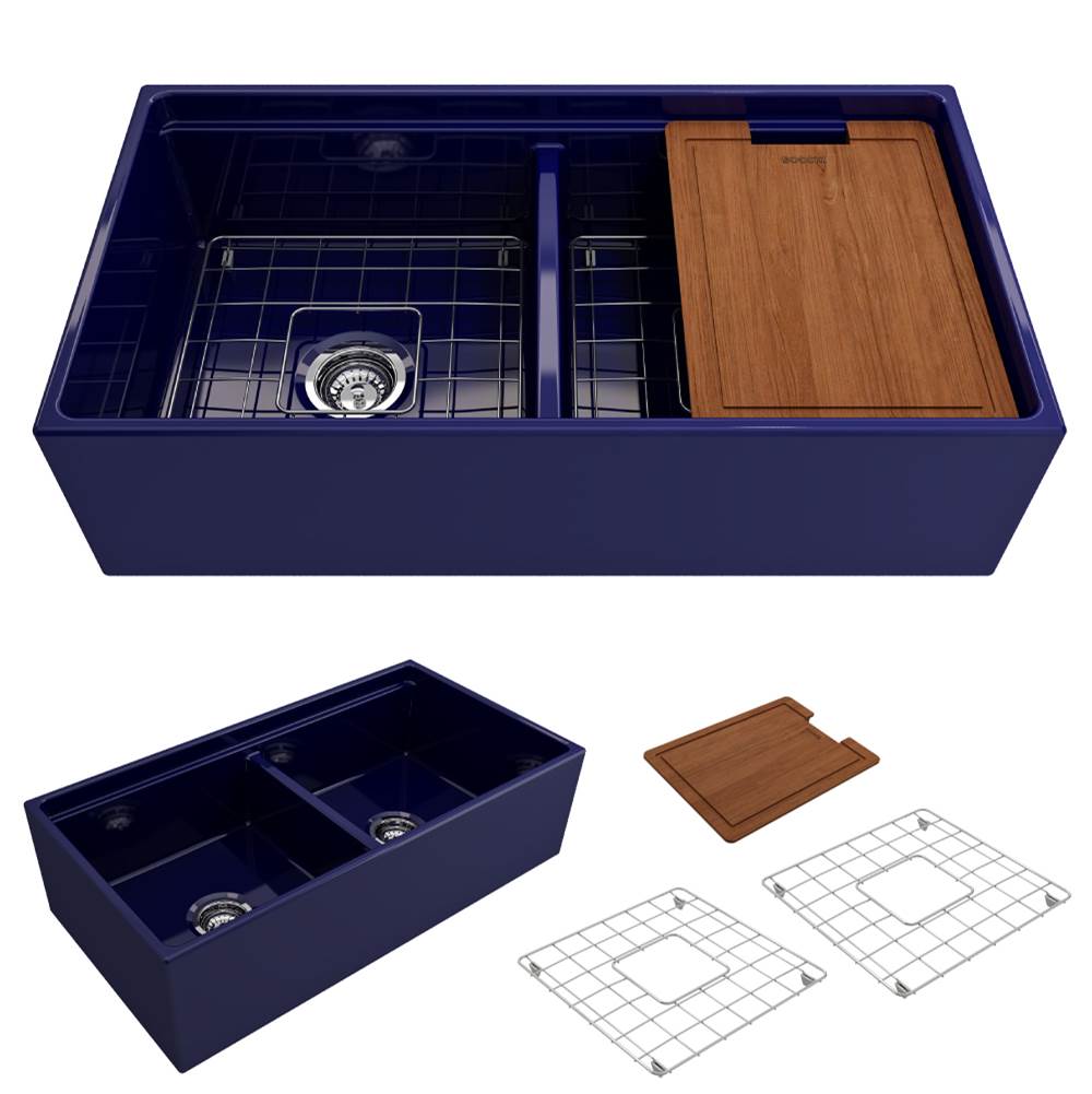 BOCCHI Contempo Step-Rim Apron Front Fireclay 36 in. Double Bowl Kitchen Sink with Integrated Work Station & Accessories in Sapphire Blue