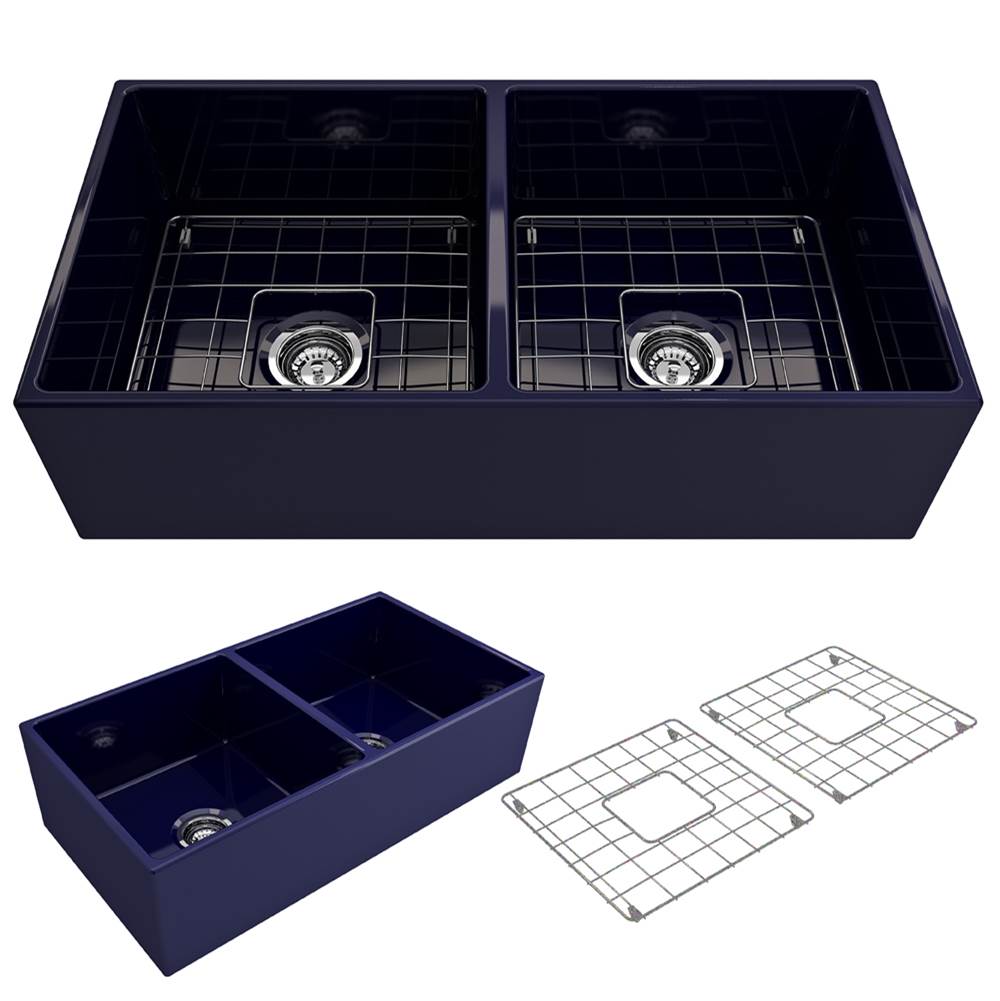 BOCCHI Contempo Apron Front Fireclay 36 in. Double Bowl Kitchen Sink with Protective Bottom Grids and Strainers in Sapphire Blue