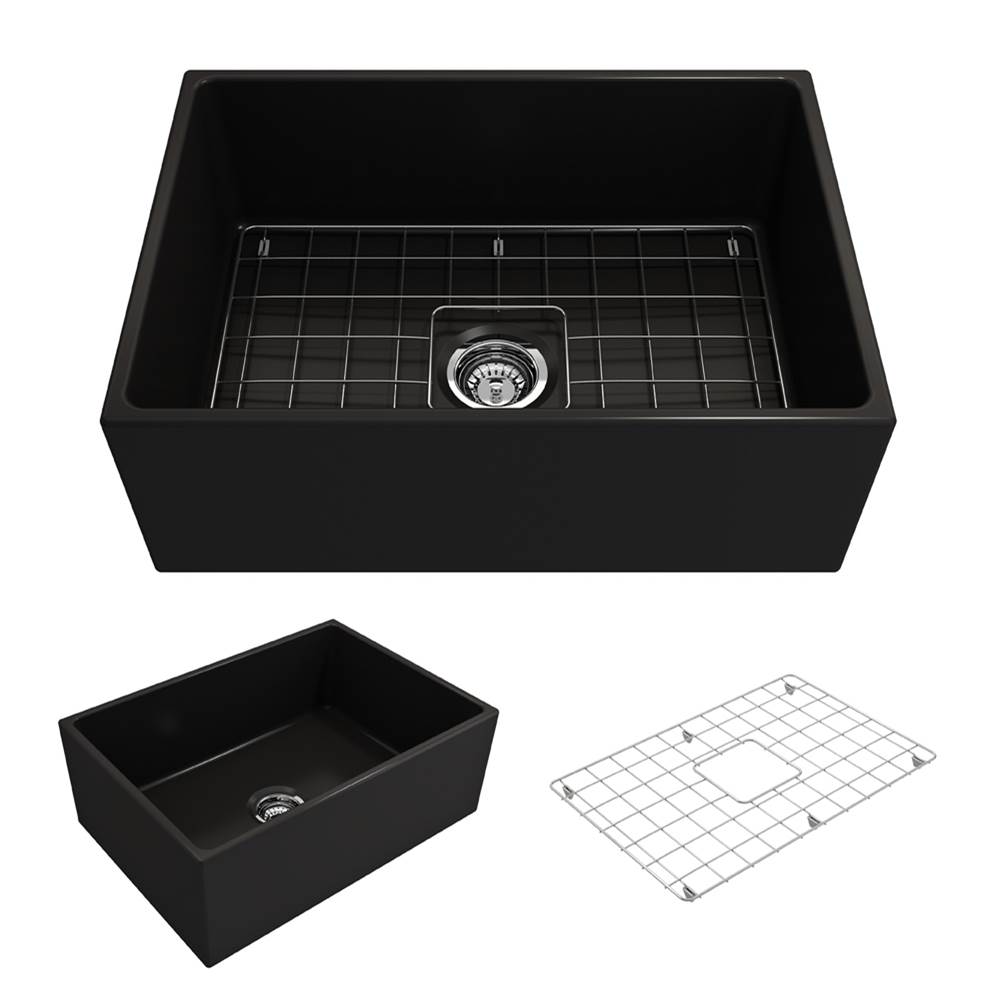 BOCCHI Contempo Apron Front Fireclay 27 in. Single Bowl Kitchen Sink with Protective Bottom Grid and Strainer in Matte Black