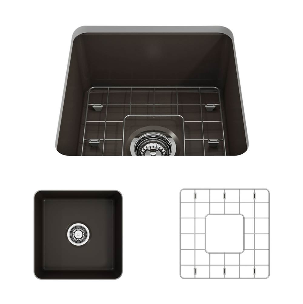 BOCCHI Sotto Dual-mount Fireclay 18 in. Single Bowl Bar Sink with Protective Bottom Grid and Strainer in Matte Brown