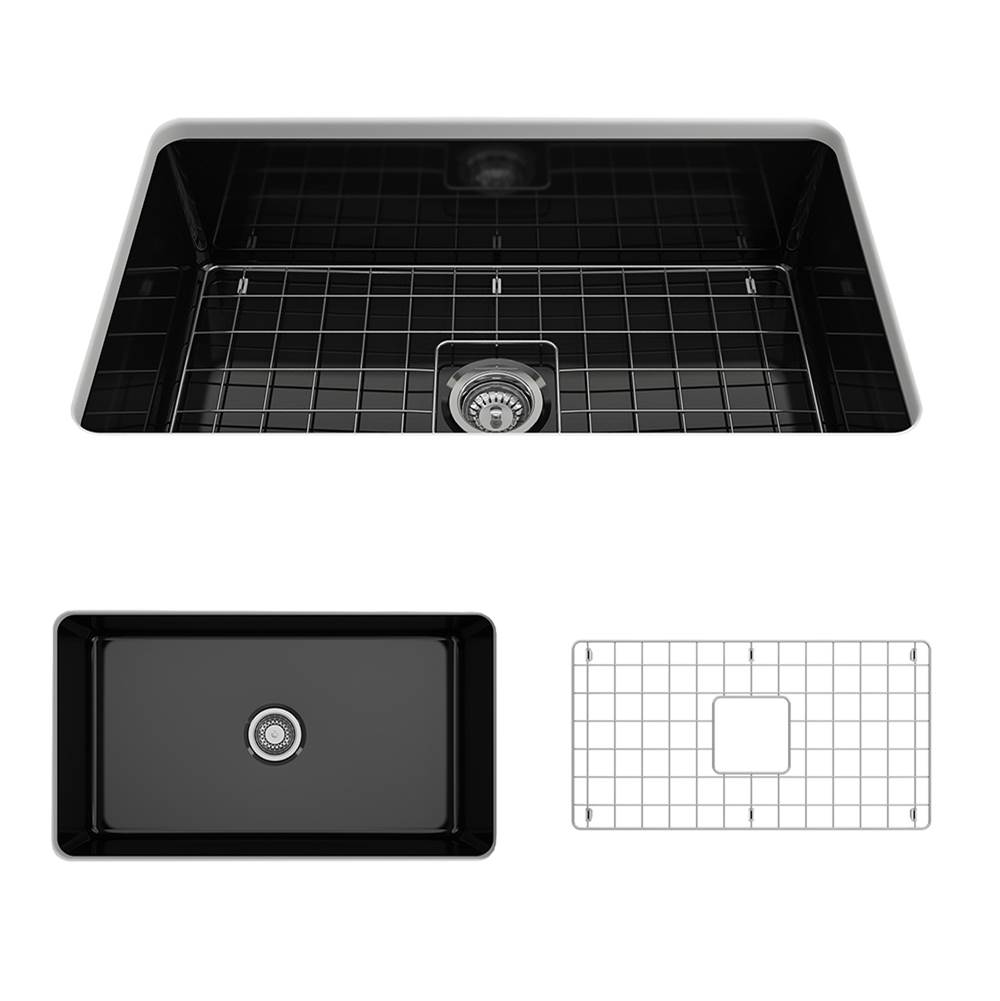 BOCCHI Sotto Dual-mount Fireclay 32 in. Single Bowl Kitchen Sink with Protective Bottom Grid and Strainer in Black
