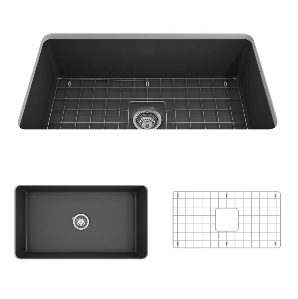 BOCCHI Sotto Dual-mount Fireclay 32 in. Single Bowl Kitchen Sink with Protective Bottom Grid and Strainer in Matte Dark Gray