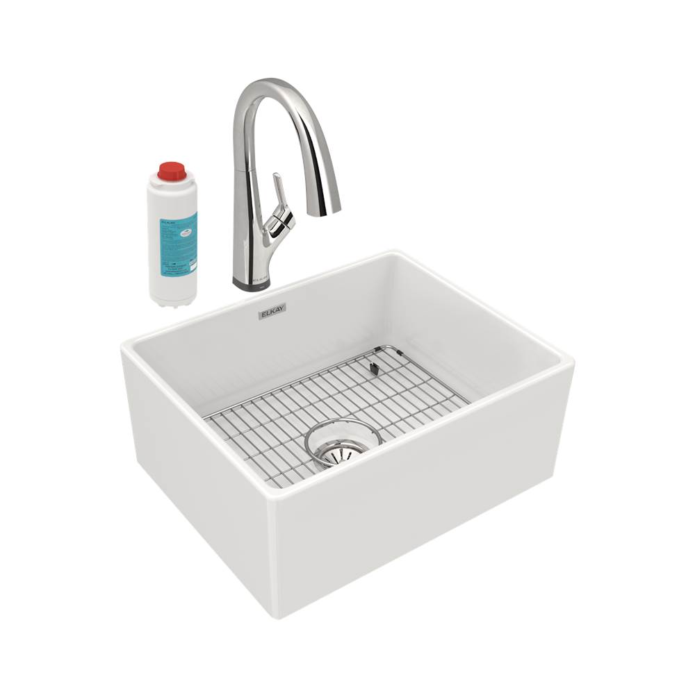 Elkay Fireclay 24-7/16'' x 19-11/16'' x 9-1/8'' Single Bowl Farmhouse Sink Kit with Filtered Faucet, White