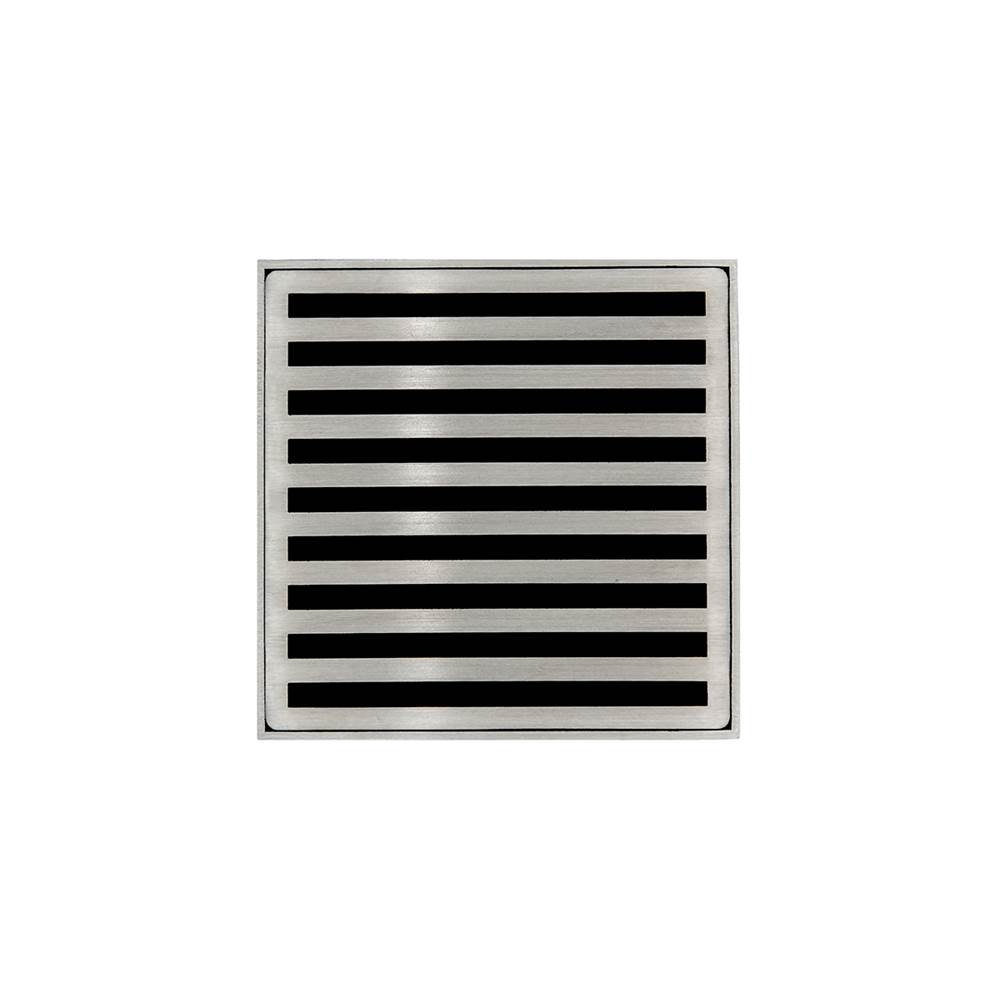 Infinity Drain 4'' x 4'' NDB 4 Complete Kit with Lines Pattern Decorative Plate in Satin Stainless with PVC Bonded Flange Drain Body, 2'', 3'' and 4'' Outlet