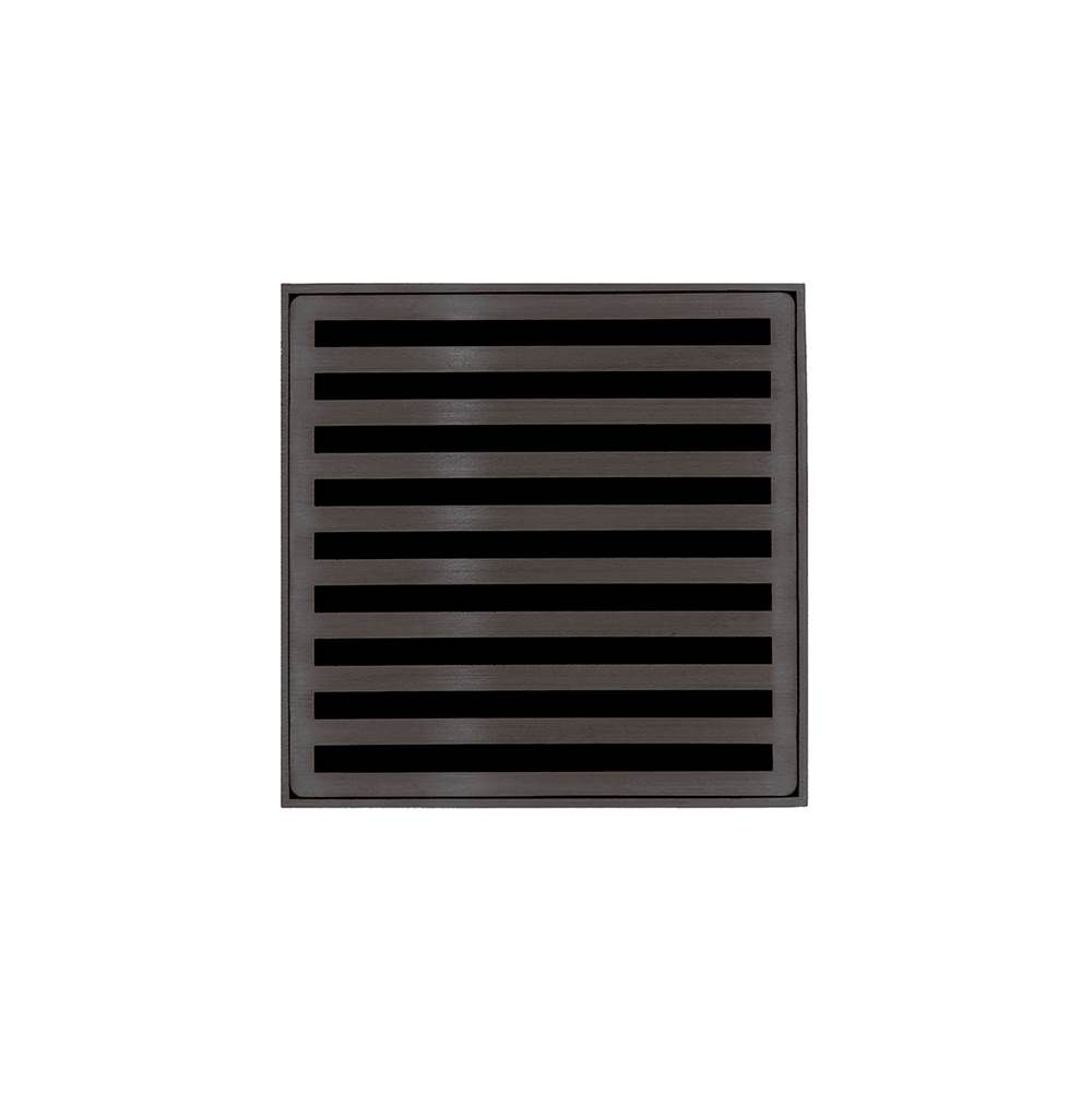 Infinity Drain 5'' x 5'' NDB 5 Complete Kit with Lines Pattern Decorative Plate in Oil Rubbed Bronze with PVC Bonded Flange Drain Body, 2'', 3'' and 4'' Outlet