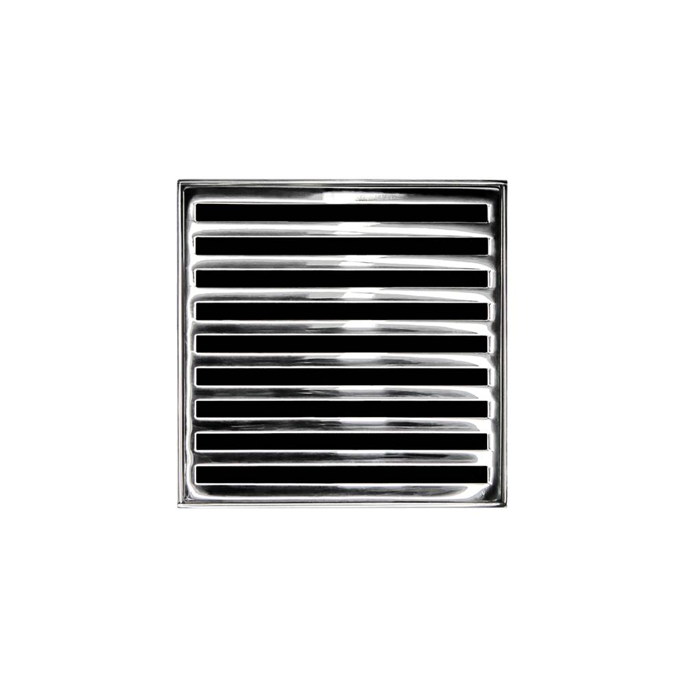 Infinity Drain 5'' x 5'' NDB 5 Complete Kit with Lines Pattern Decorative Plate in Polished Stainless with PVC Bonded Flange Drain Body, 2'', 3'' and 4'' Outlet