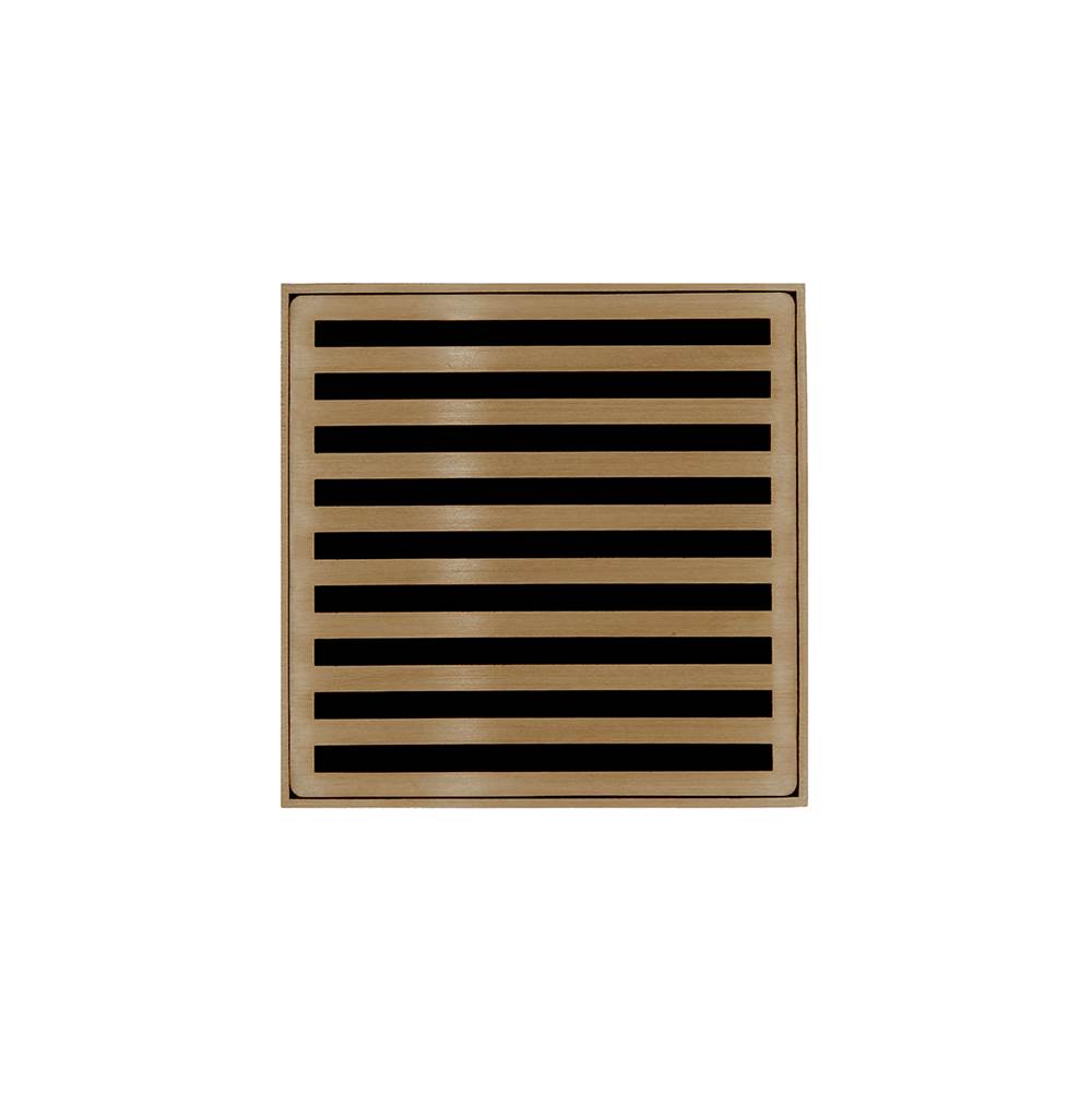 Infinity Drain 5'' x 5'' NDB 5 Complete Kit with Lines Pattern Decorative Plate in Satin Bronze with ABS Bonded Flange Drain Body, 2'', 3'' and 4'' Outlet