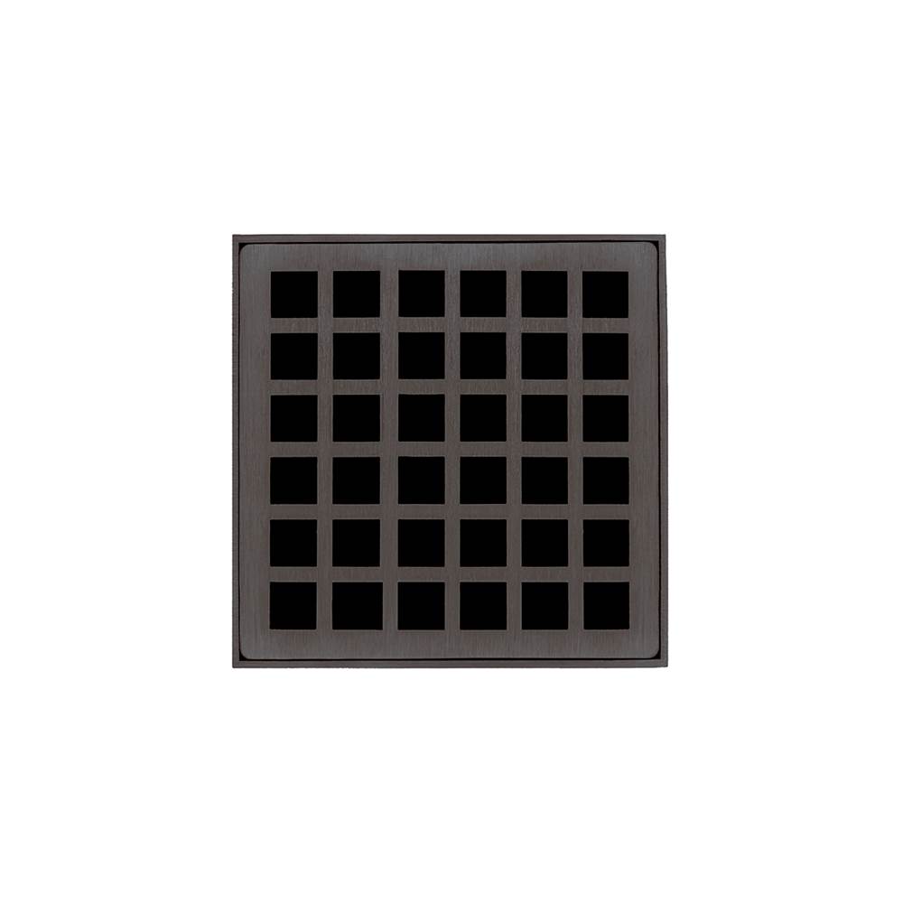 Infinity Drain 4'' x 4'' QDB 4 Complete Kit with Squares Pattern Decorative Plate in Oil Rubbed Bronze with ABS Bonded Flange Drain Body, 2'', 3'' and 4'' Outlet