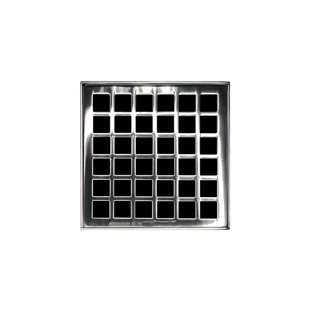 Infinity Drain 4'' x 4'' QDB 4 Complete Kit with Squares Pattern Decorative Plate in Polished Stainless with ABS Bonded Flange Drain Body, 2'', 3'' and 4'' Outlet