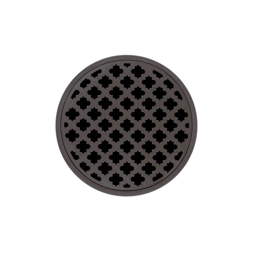 Infinity Drain 5'' Round RMDB 5 Complete Kit with Moor Pattern Decorative Plate in Oil Rubbed Bronze with PVC Bonded Flange Drain Body, 2'', 3'' and 4'' Outlet