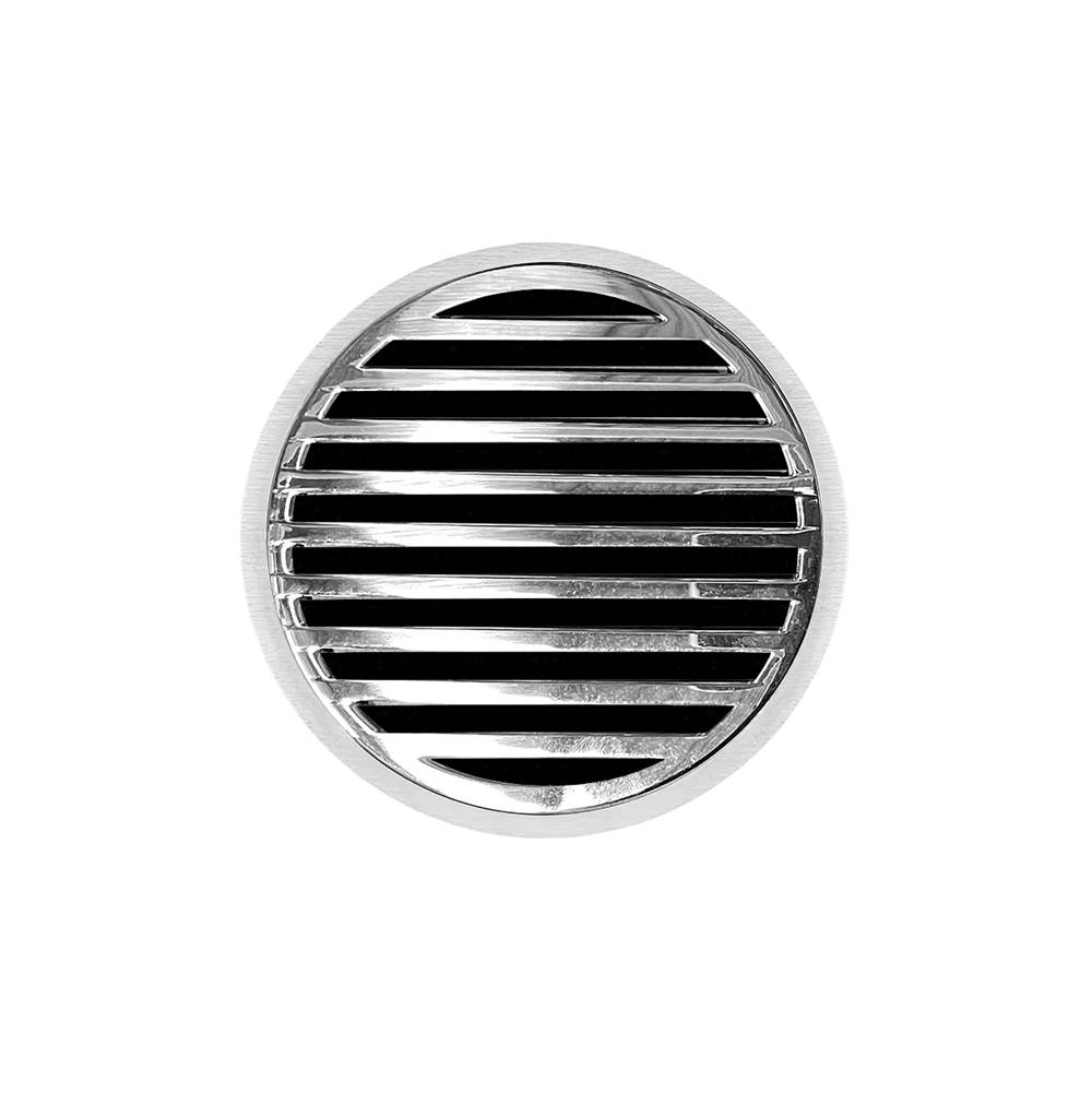 Infinity Drain 5'' Round RND 5 High Flow Complete Kit with Lines Pattern Decorative Plate in Polished Stainless with Cast Iron Drain Body, 3'' No-Hub Outlet
