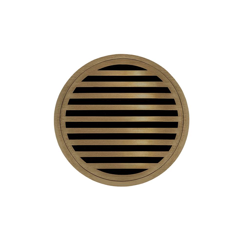 Infinity Drain 5'' Round RNDB 5 Complete Kit with Lines Pattern Decorative Plate in Satin Bronze with ABS Bonded Flange Drain Body, 2'', 3'' and 4'' Outlet