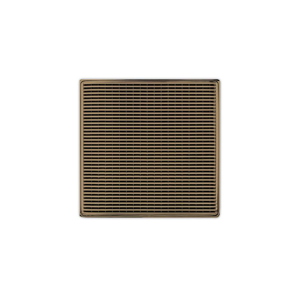 Infinity Drain 5'' x 5'' WD 5 High Flow Complete Kit with Wedge Wire Pattern Decorative Plate in Satin Bronze with Cast Iron Drain Body, 3'' No-Hub Outlet