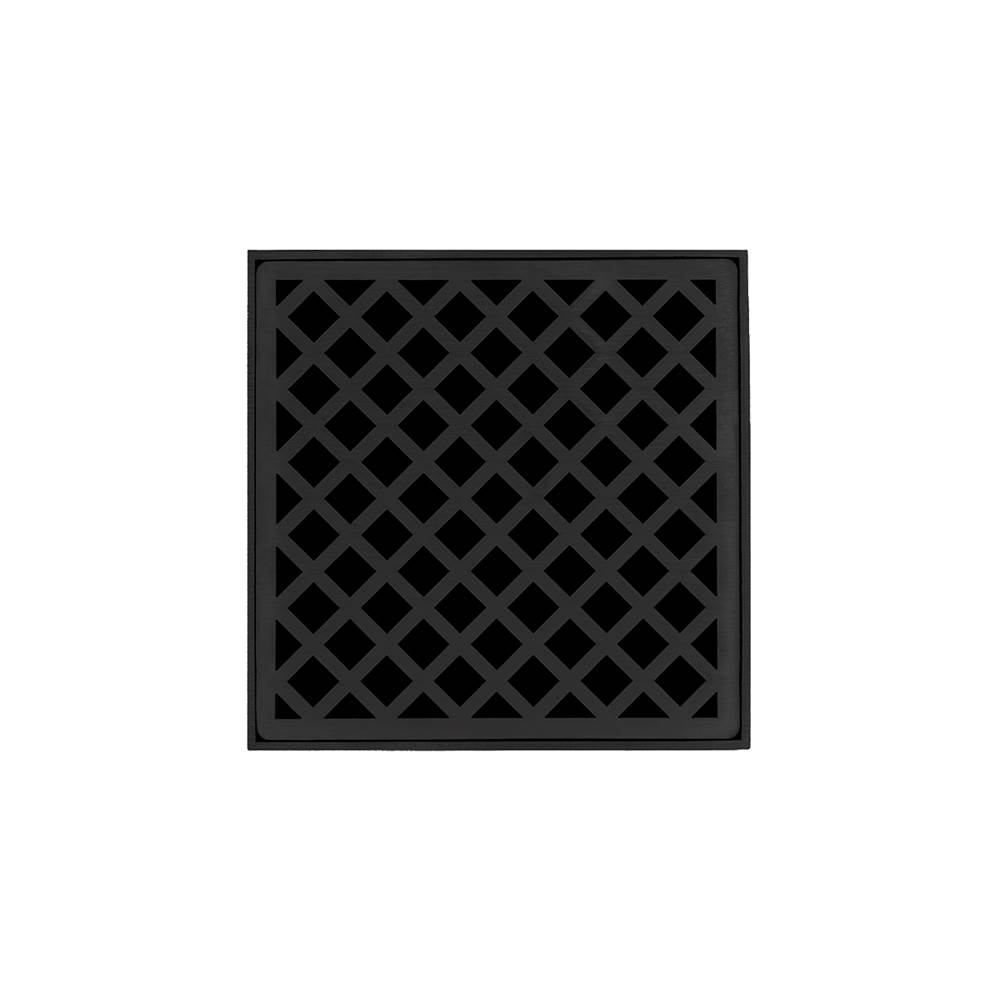 Infinity Drain 5'' x 5'' XD 5 Complete Kit with Criss-Cross Pattern Decorative Plate in Matte Black with PVC Drain Body, 2'' Outlet