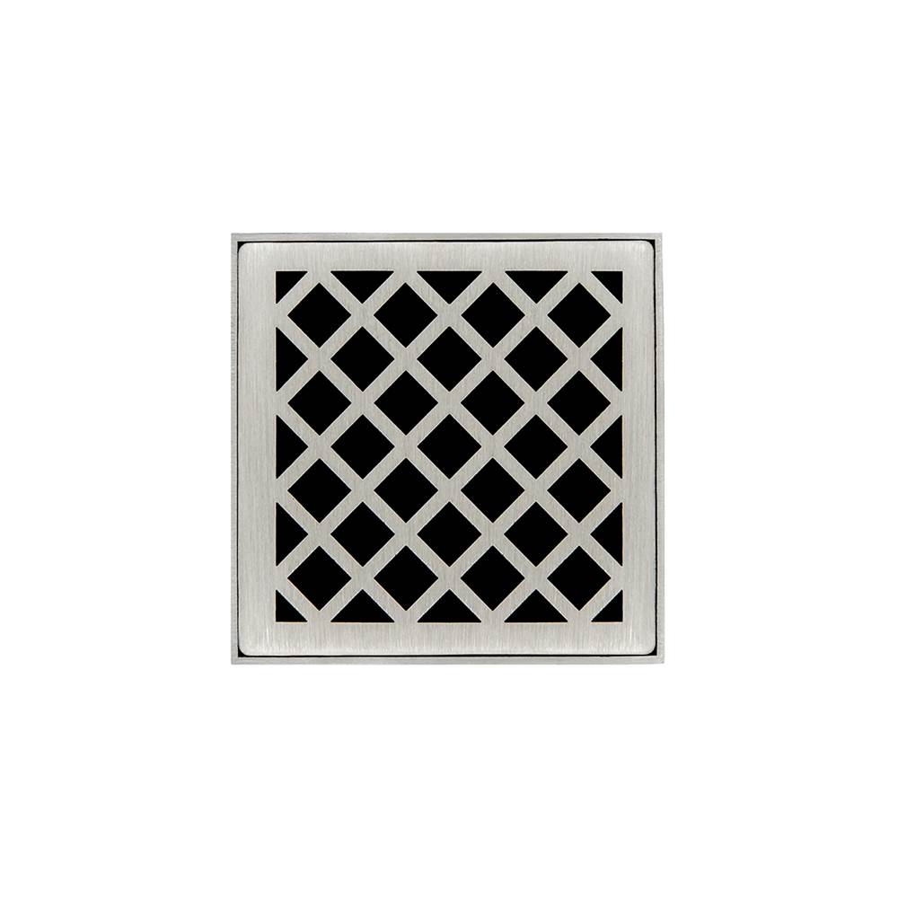 Infinity Drain 4'' x 4'' XDB 4 Complete Kit with Criss-Cross Pattern Decorative Plate in Satin Stainless with ABS Bonded Flange Drain Body, 2'', 3'' and 4'' Outlet