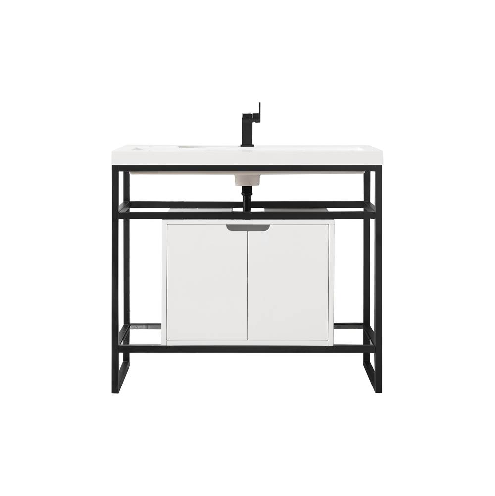 James Martin Vanities Boston 39.5'' Stainless Steel Sink Console, Matte Black w/ Glossy White Storage Cabinet, White Glossy Composite Countertop