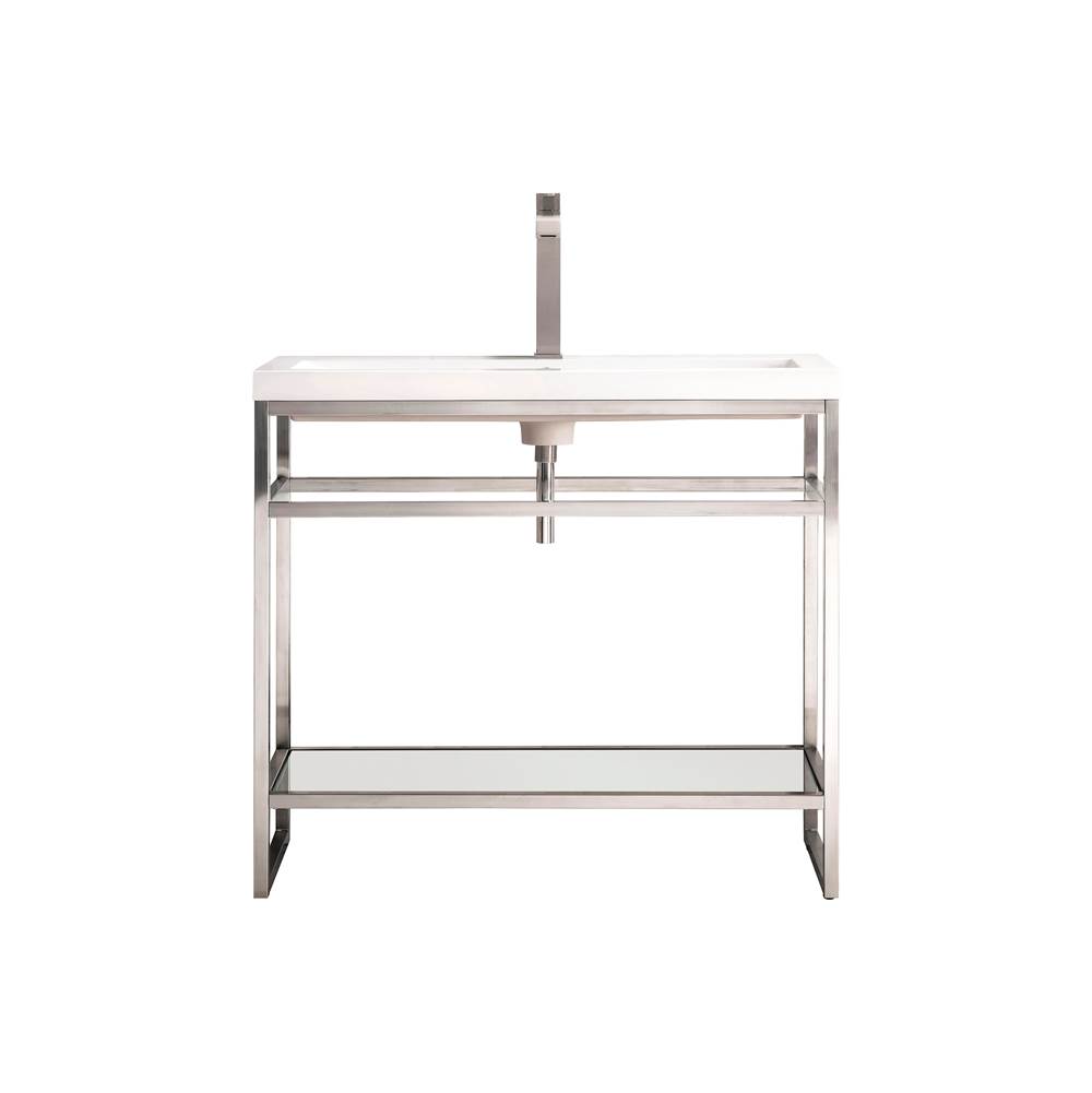 James Martin Vanities Boston 39.5'' Stainless Steel Sink Console, Brushed Nickel w/ White Glossy Composite Countertop