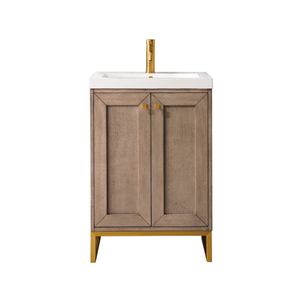 James Martin Vanities Chianti 20'' Single Vanity Cabinet, Whitewashed Walnut, Radiant Gold, w/ White Glossy Composite Countertop