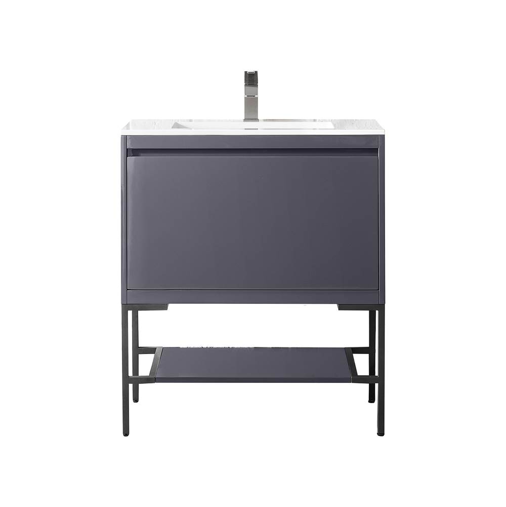 James Martin Vanities Milan 31.5'' Single Vanity Cabinet, Modern Grey Glossy, Matte Black w/Glossy White Composite Top