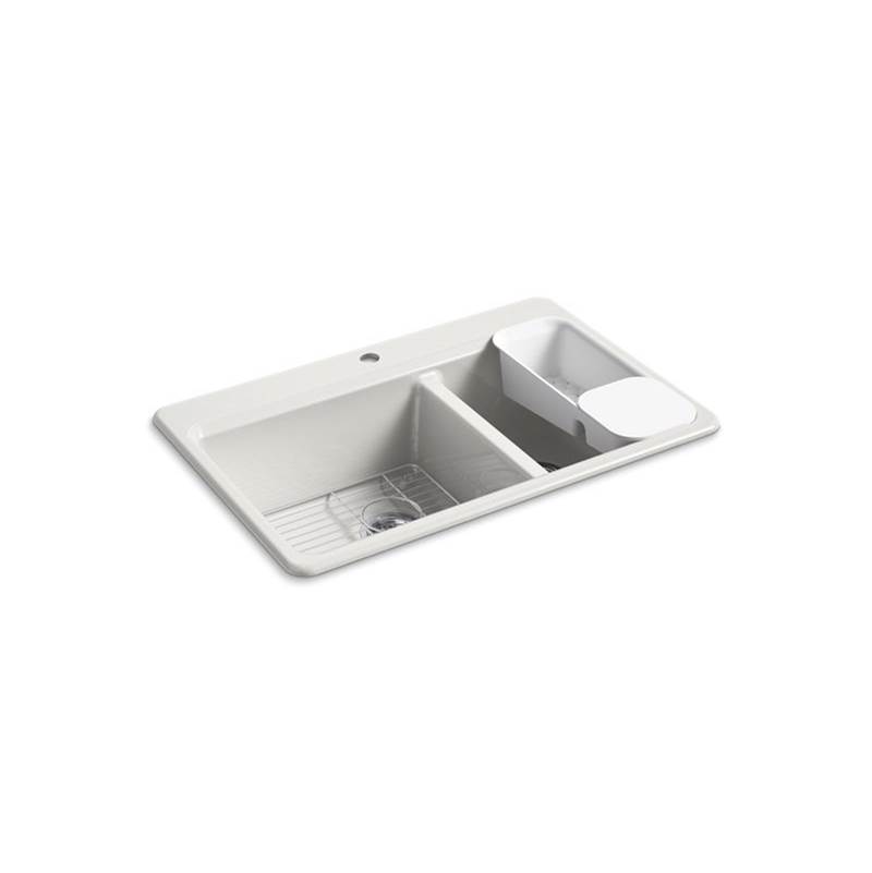 Kohler Riverby® 33'' x 22'' x 9-5/8'' top-mount large/medium double-bowl workstation kitchen sink with accessories and single faucet hole