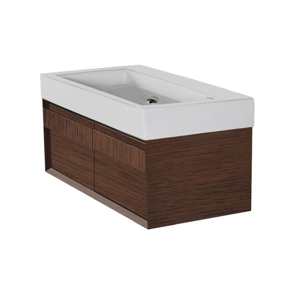 Lacava Wall-mount undercounter vanity with large wood pulls on two drawers. Washbasin #5103 sold separately. W: 35 1/4'', D: 14 1/4'', H: 12''.