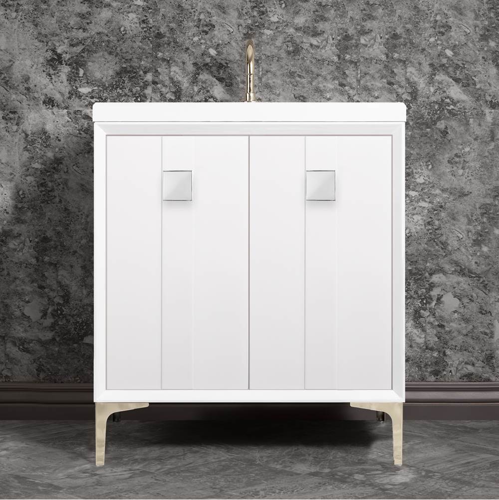 Linkasink TUXEDO with 3'' Artisan Glass Prism Hardware 30'' Wide Vanity, White, Polished Nickel Hardware, 30'' x 22'' x 33.5'' (without vanity top)
