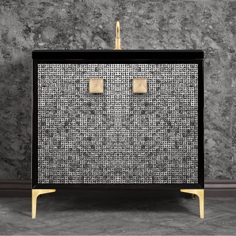 Linkasink MOTHER OF PEARL with 3'' Artisan Glass Prism Hardware 36'' Wide Vanity, Black, Satin Brass Hardware, 36'' x 22'' x 33.5'' (without vanity top)
