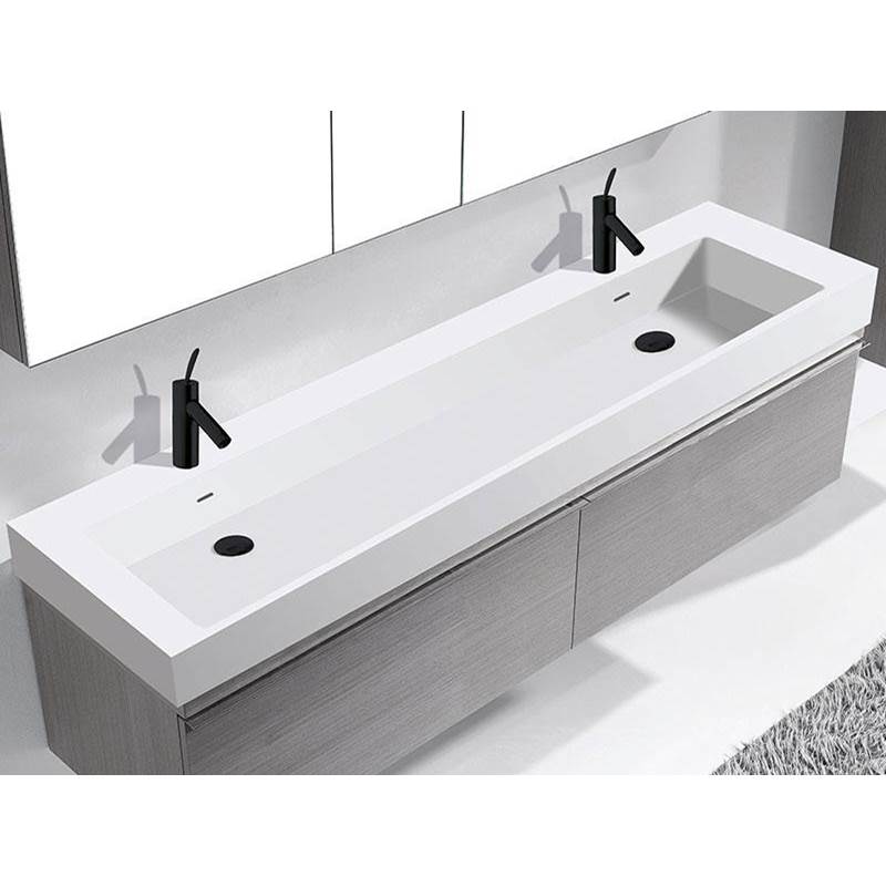 Madeli 18''D-Trough 60''W Solid Surface , Sink. Glossy White. 2-Bowls, No Faucet Hole. W/Overflow, Basin Depth: 5-3/4'', 59-1/2'' X 18-1/8'' X 4-1/2''
