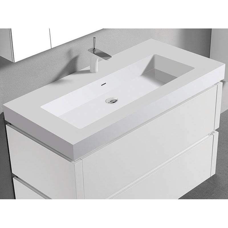 Madeli 22''D-Trough 48''W Solid Surface , Sink. Glossy White. 1-Bowl, 8'' Widespread. W/Overflow, Basin Depth: 5-3/4'', 47-7/8'' X 22-1/8'' X 4-1/2''